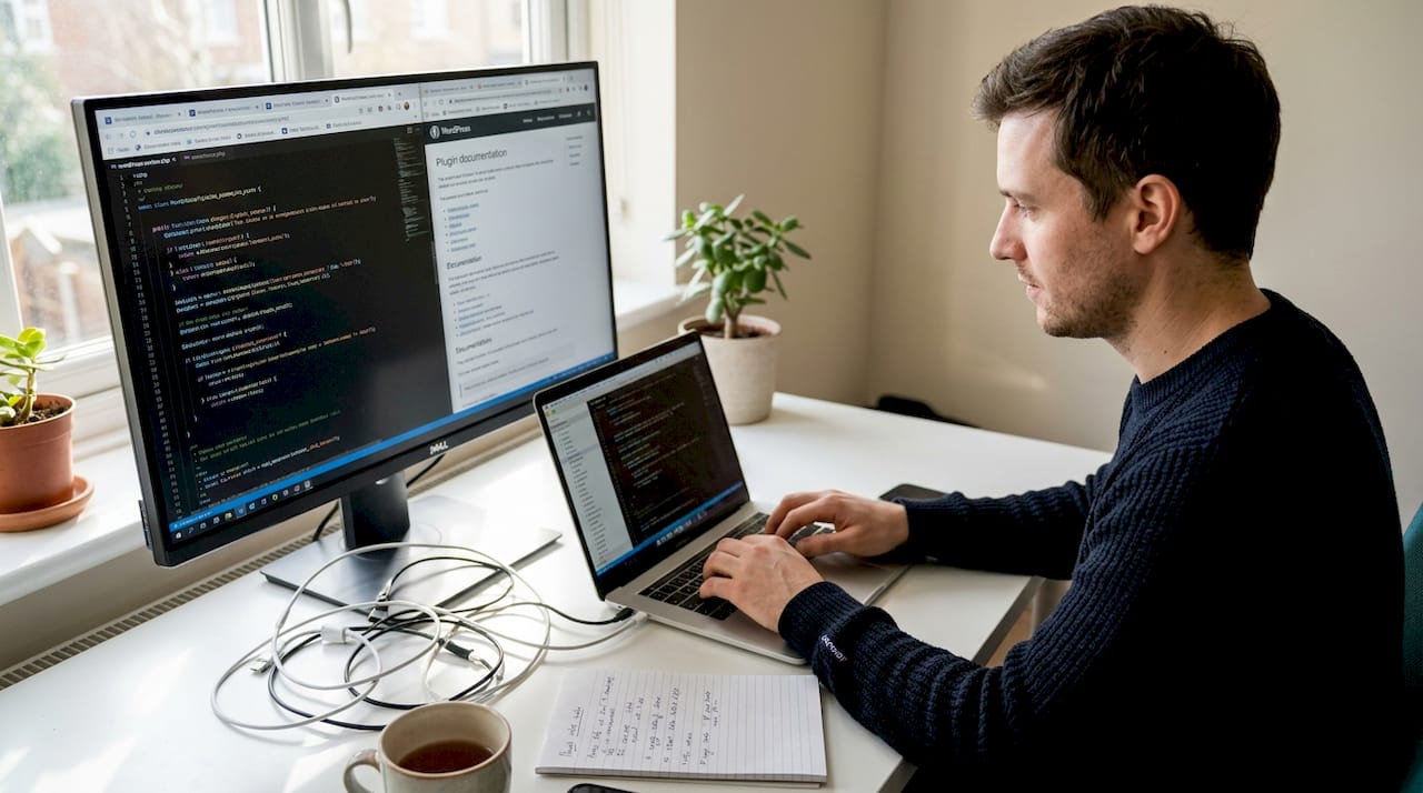 Developer typing WordPress plugin code at desk