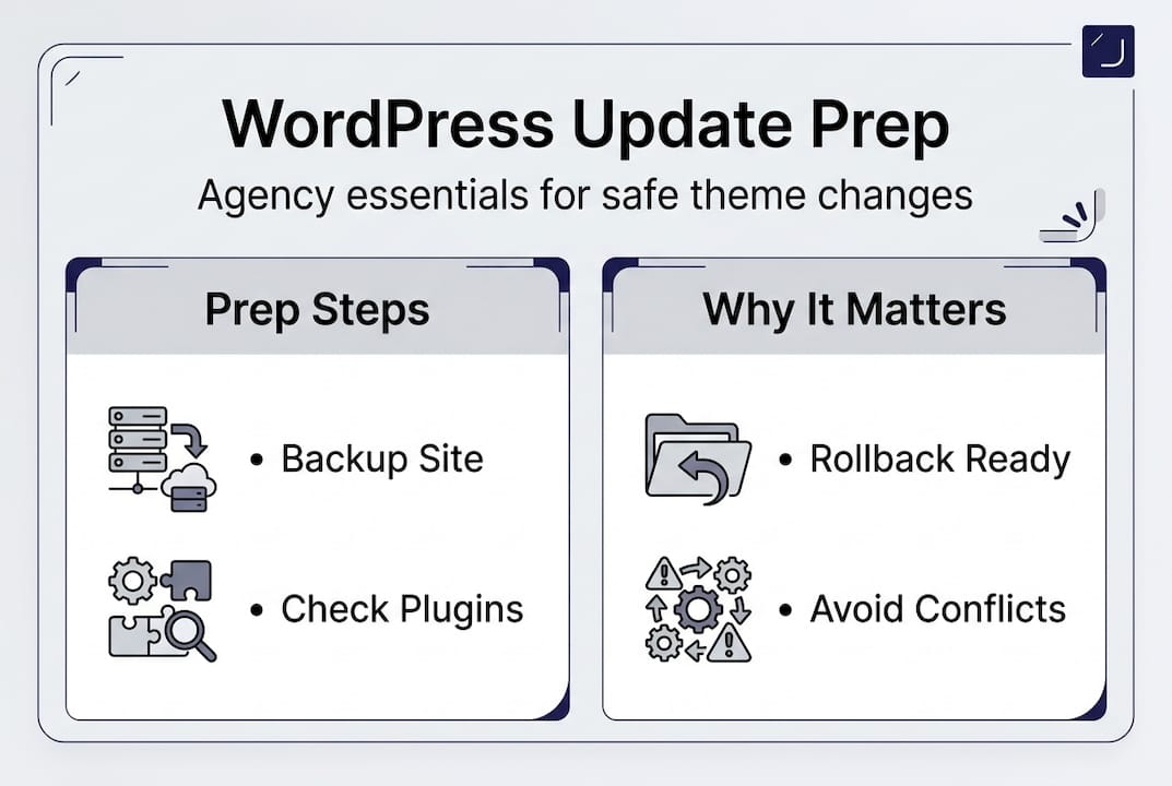Infographic showing WordPress theme update prep steps