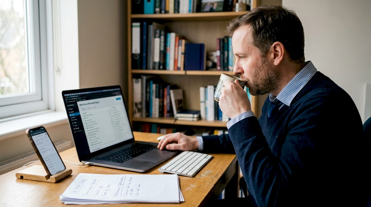 WordPress expert conducting site audit at desk