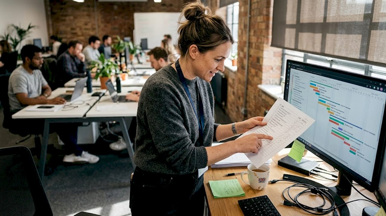 Project manager cross-checking task list on monitor