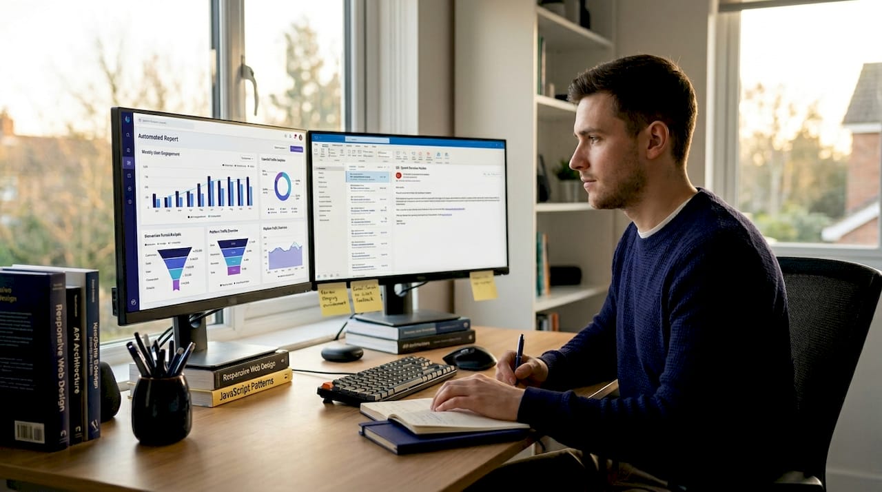 Developer viewing automated reporting dashboard at desk