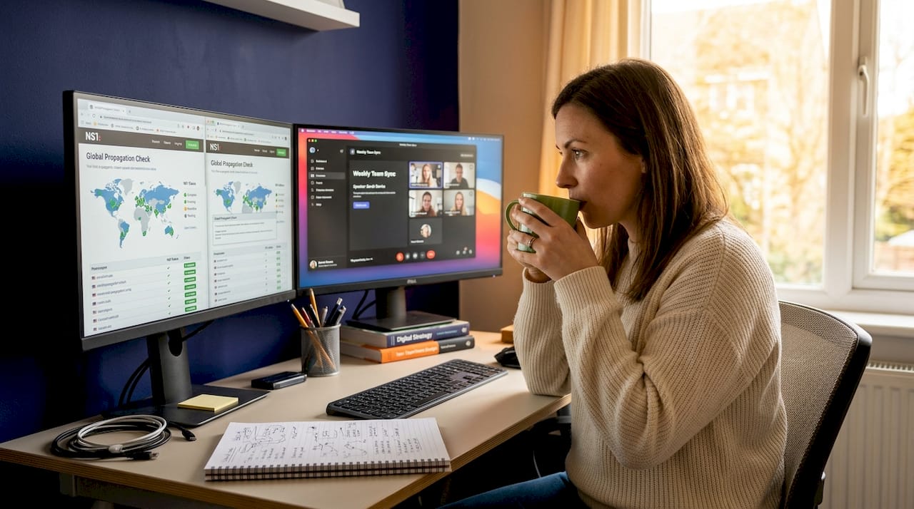 Consultant checks DNS propagation on monitors