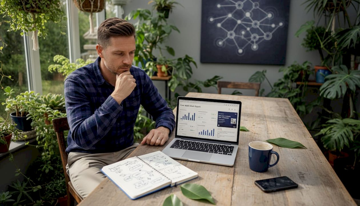 Marketer analyzing site audit on laptop