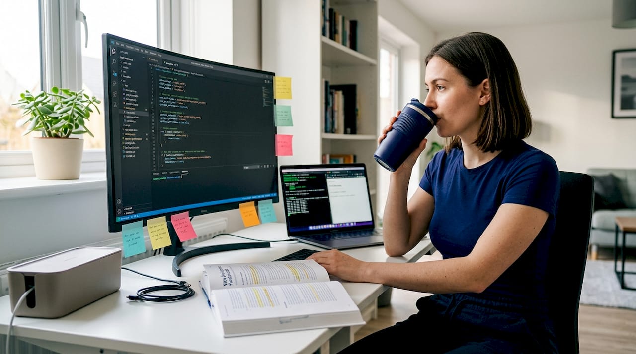 Web developer coding at standing desk