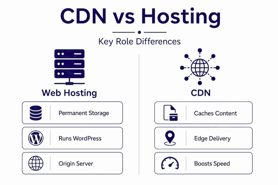 Infographic comparing CDN and web hosting