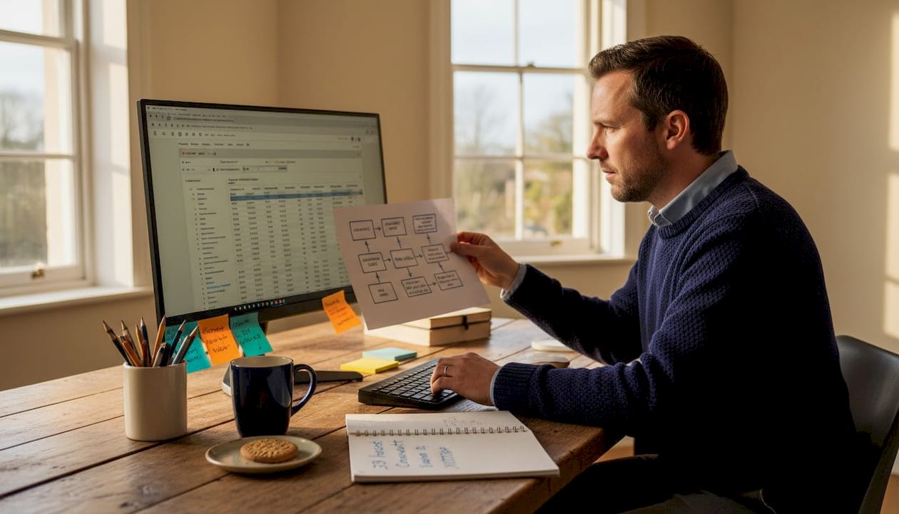 SEO specialist checks website URLs at desk