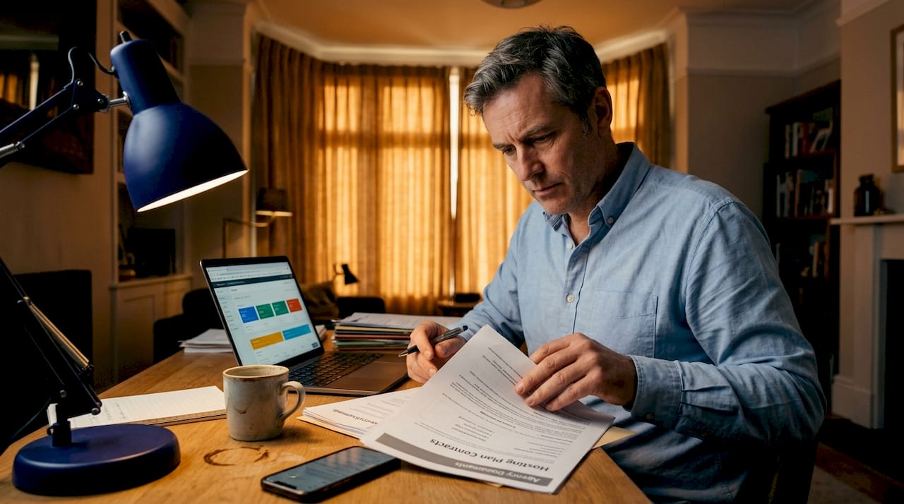 Agency director comparing hosting plans at desk