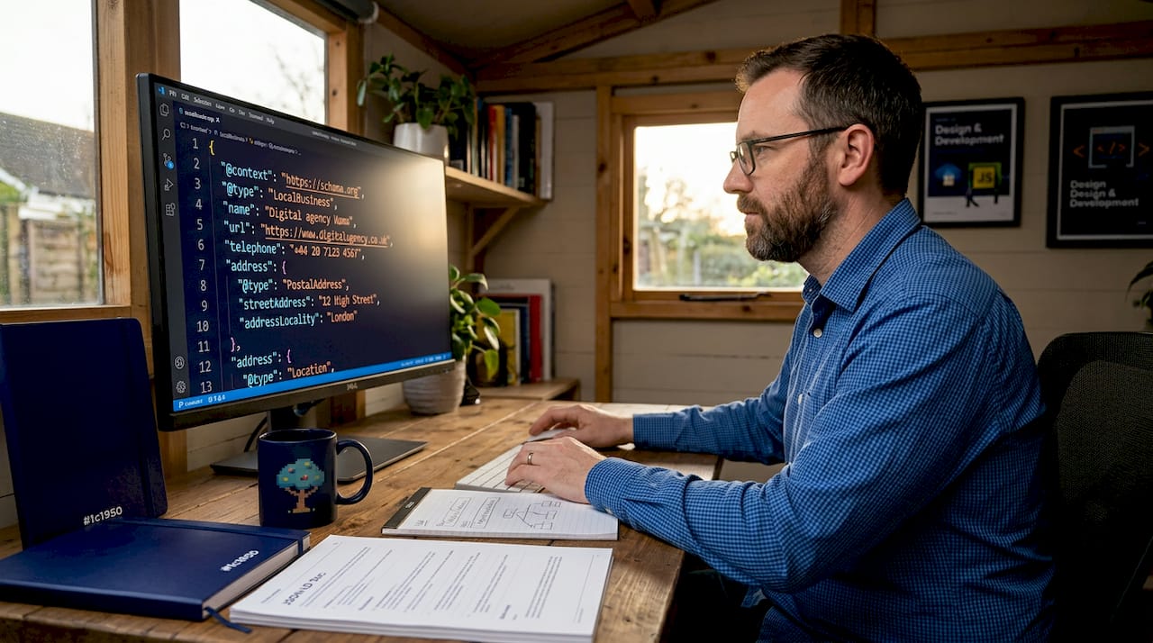 Web developer edits schema markup at desk