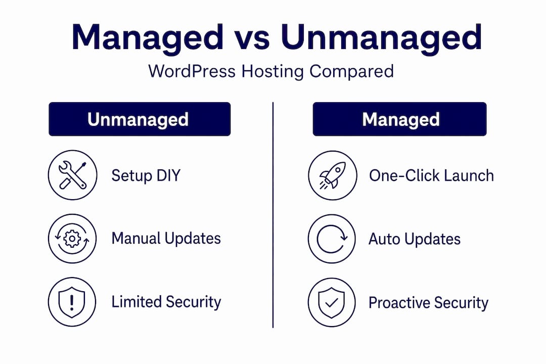 Infographic comparing managed and unmanaged WordPress hosting