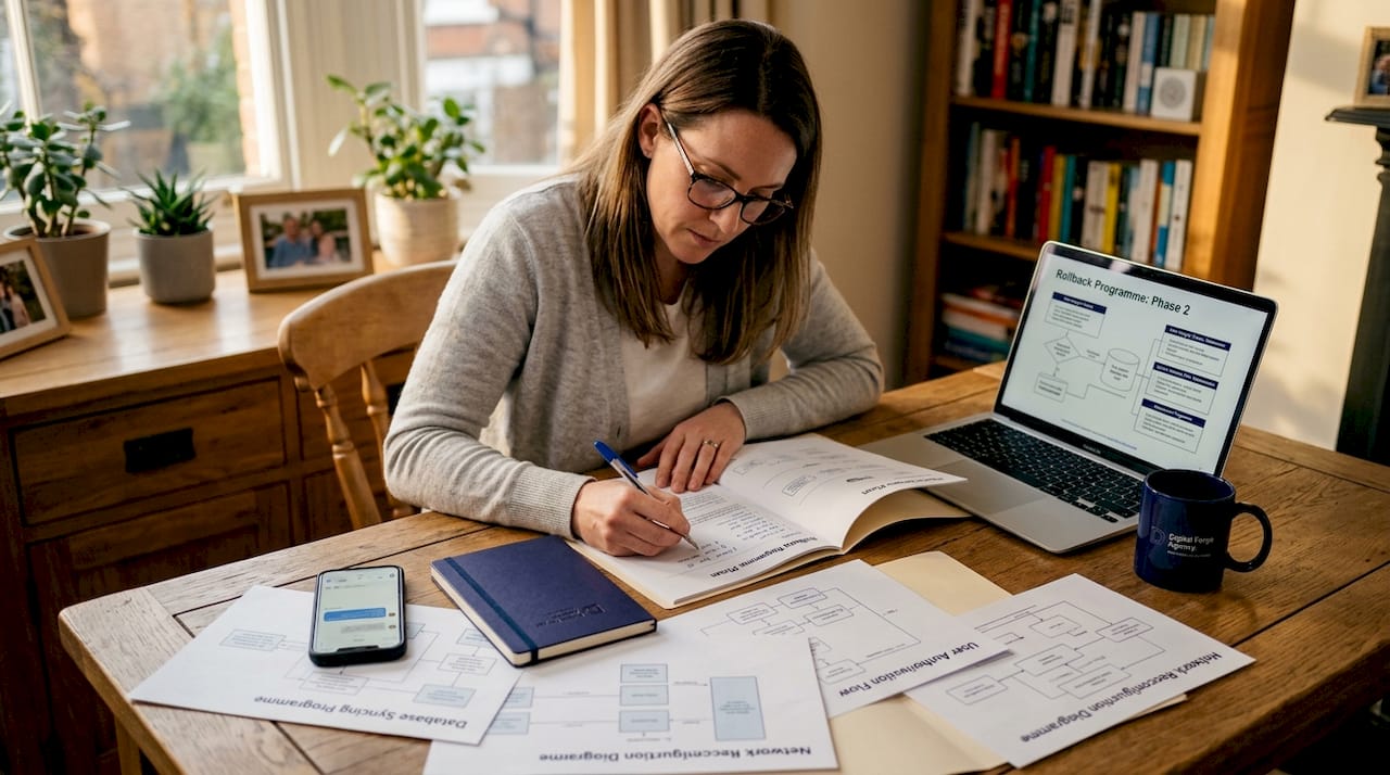 Project manager annotates migration rollback plan