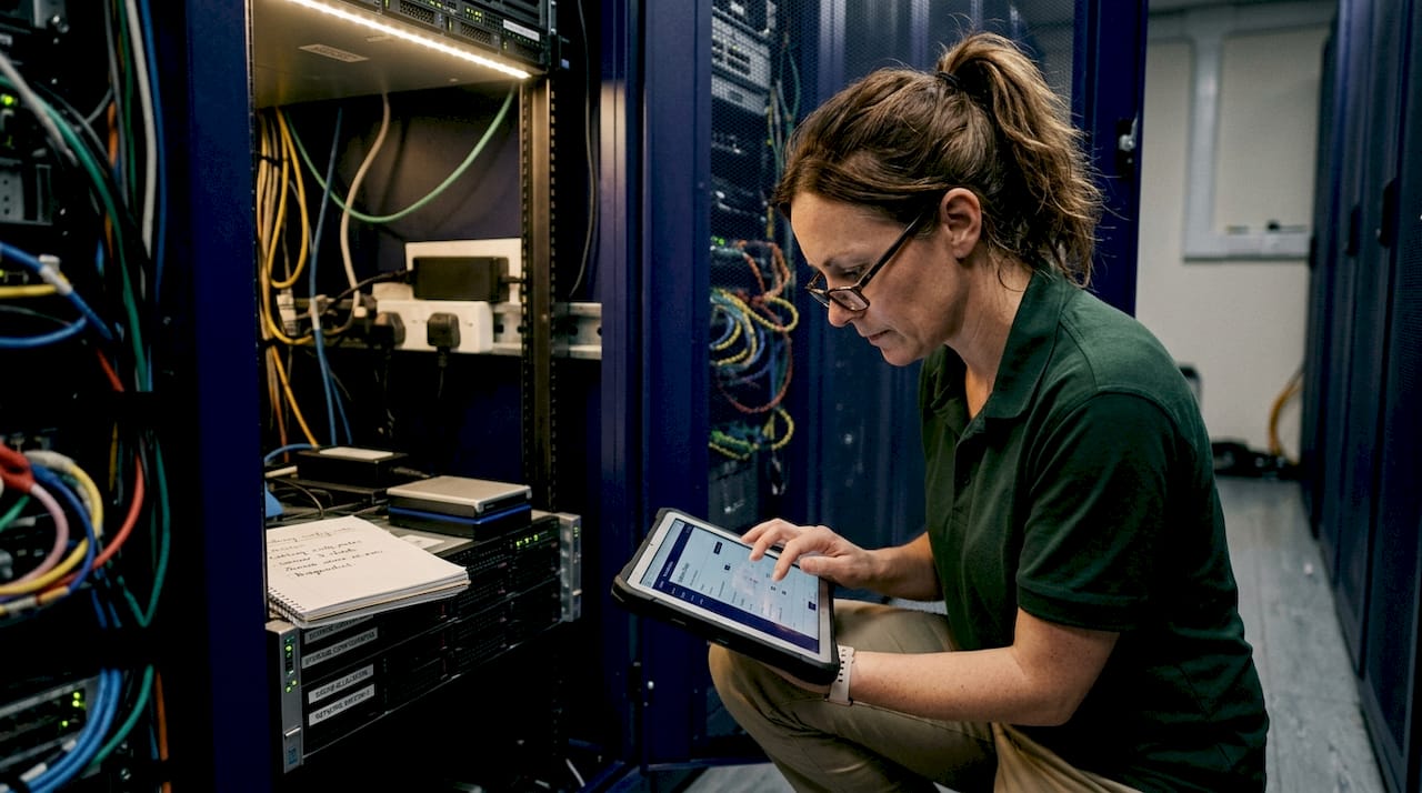 Server technician adjusting WordPress caching hardware