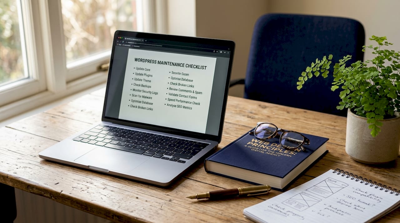 Laptop displaying website maintenance checklist