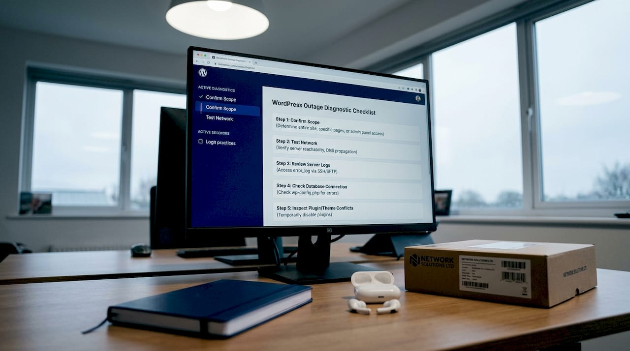 Workspace showing WordPress outage diagnostic checklist
