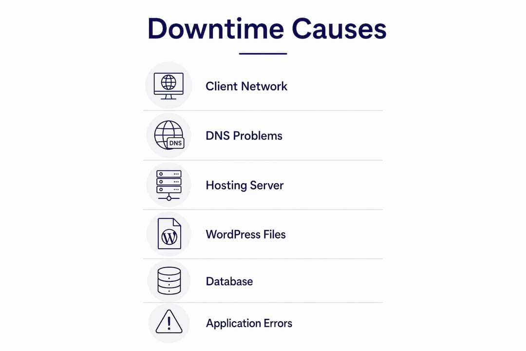 Infographic showing six layers causing WordPress downtime