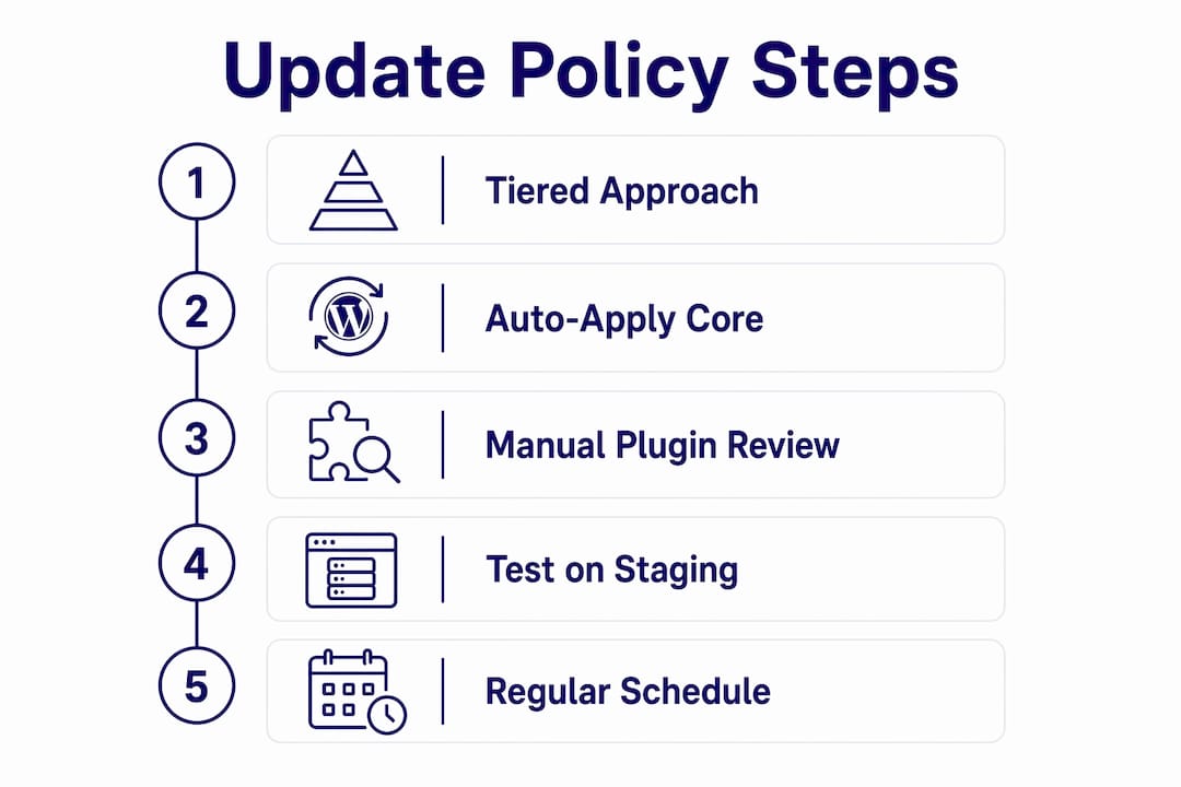 Infographic illustrating WordPress update policy steps