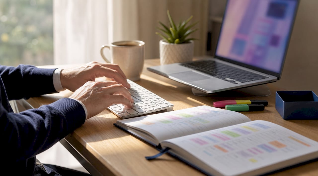 Hands typing plugin updates in office