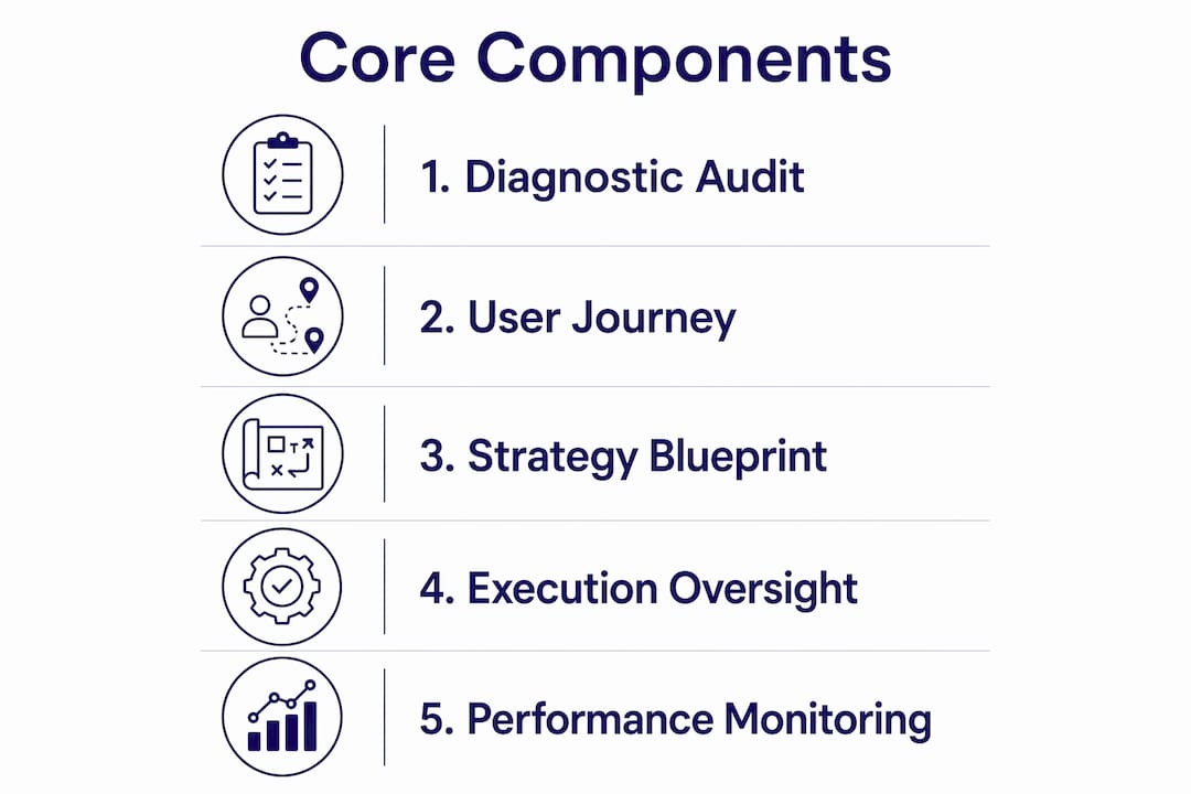 Infographic showing core components of website strategy consulting