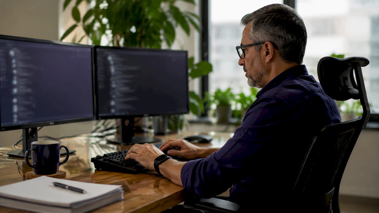 Over-shoulder of hands typing WordPress alert setup