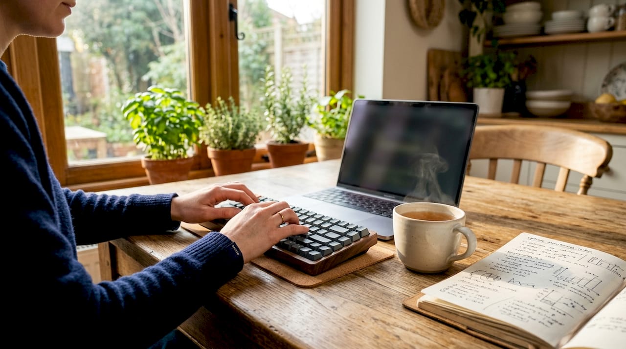 Hands typing on keyboard with coffee and notes nearby