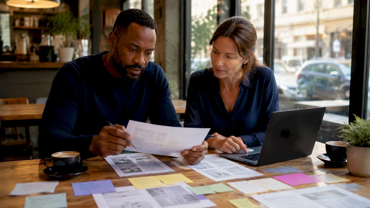 Pair reviewing website content in home office