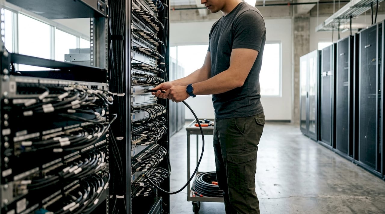 Hands updating deployment hardware in server room