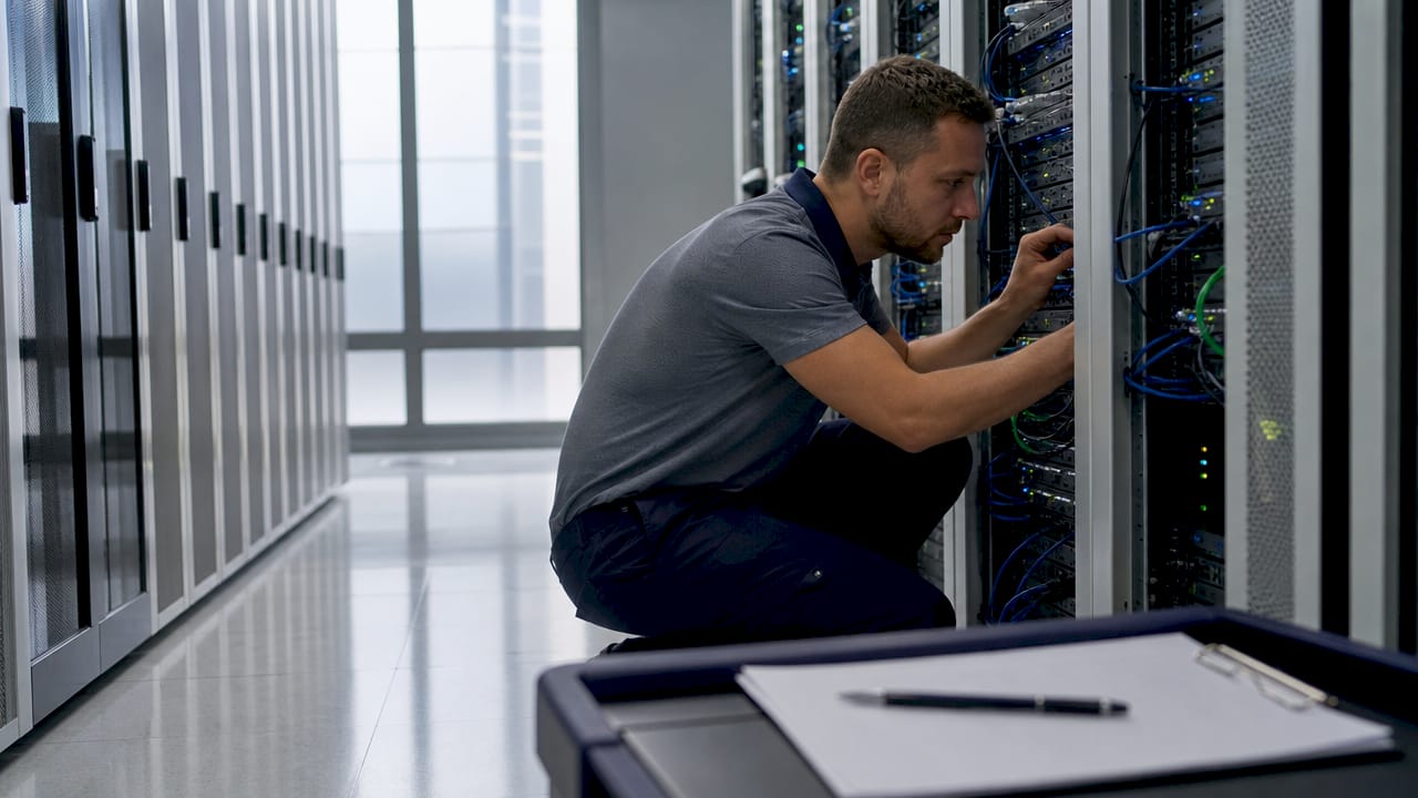 Hands managing server cables in data center setting