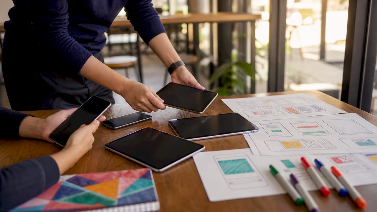 Hands adjusting multiple mobile devices on desk