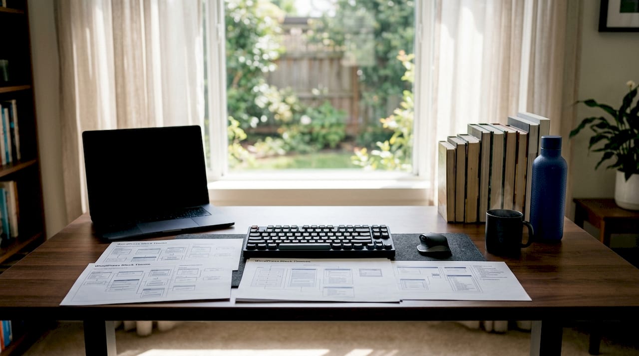 Clean office desk with WordPress theme diagrams and keyboard