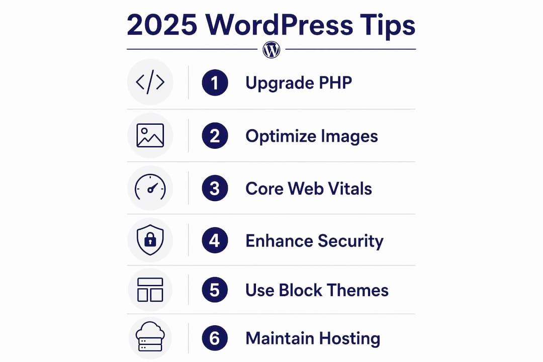 Infographic showing 2025 WordPress optimization steps