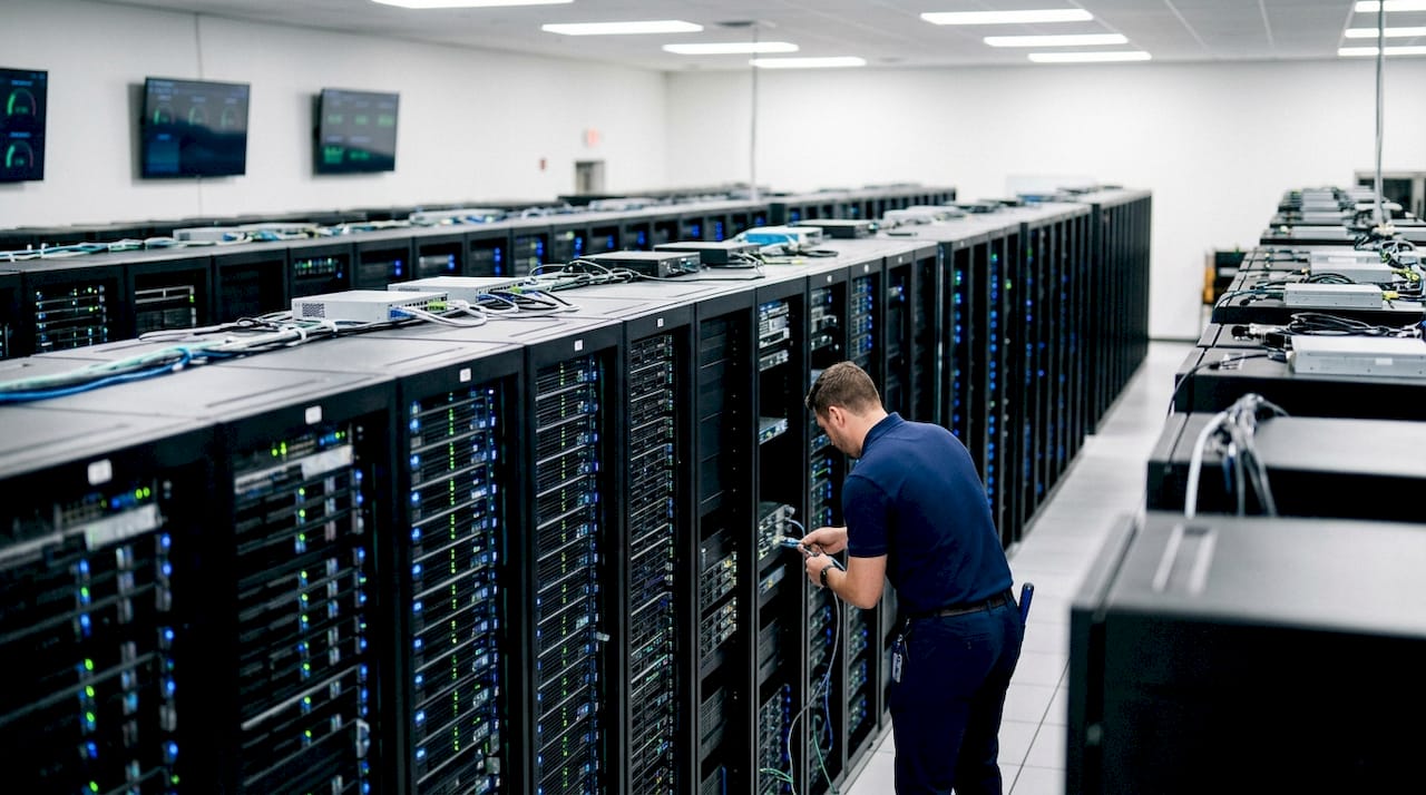 Technician hands connecting cables in hosting server rack