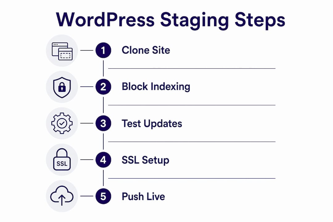 Infographic showing key WordPress staging steps