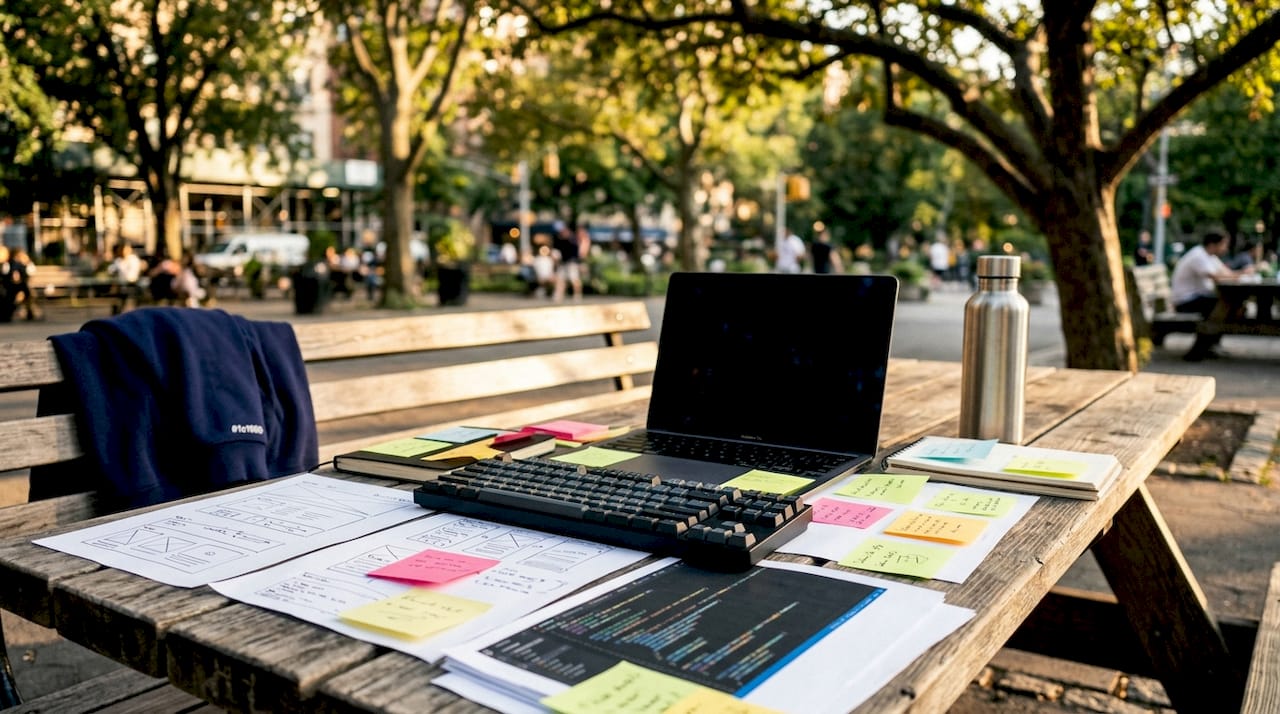 Close-up of developer's desk with code printouts and laptop