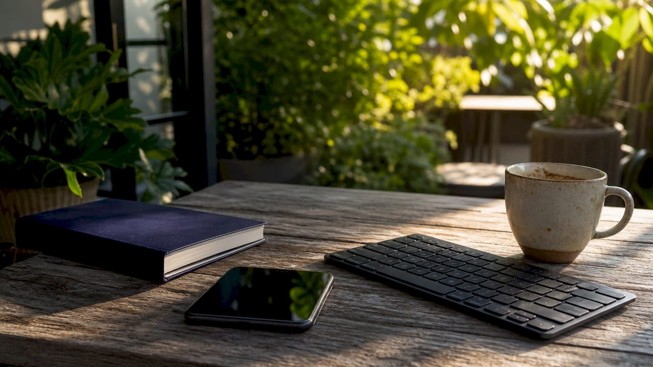 Smartphone and keyboard on wood desk with coffee cup