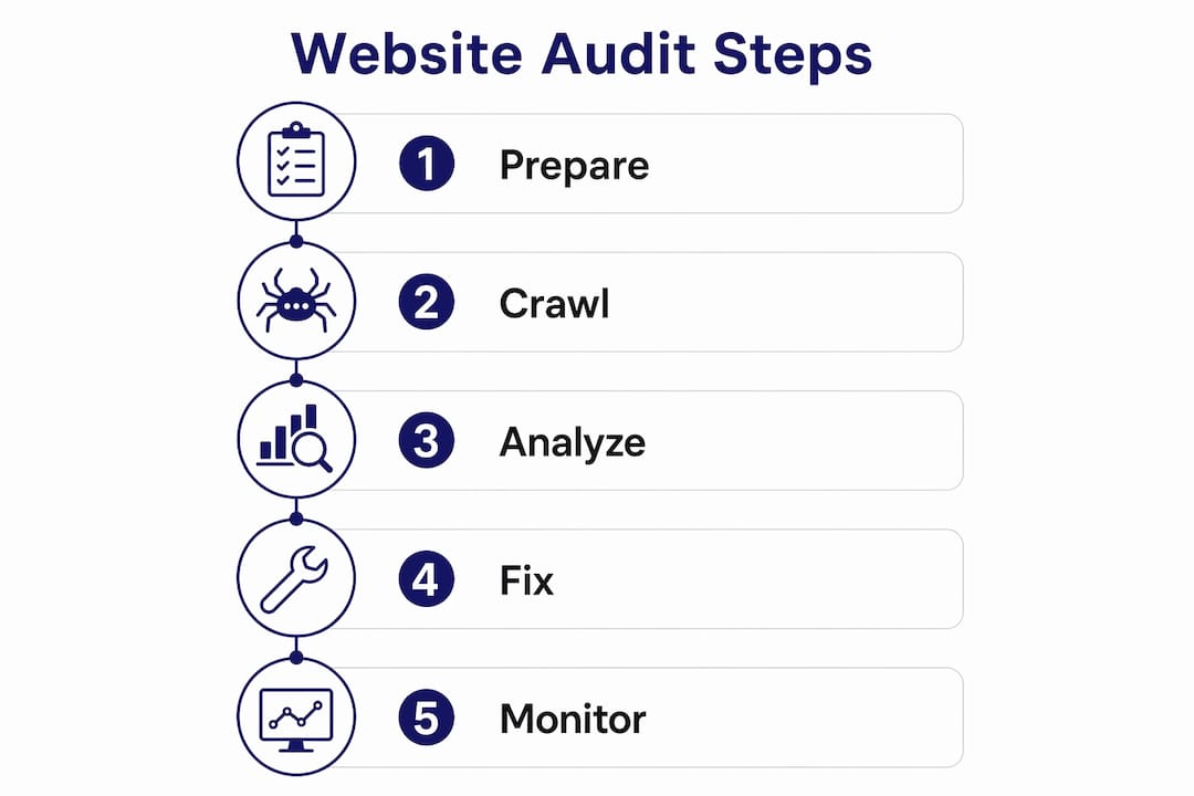 Infographic showing website audit steps in vertical flow