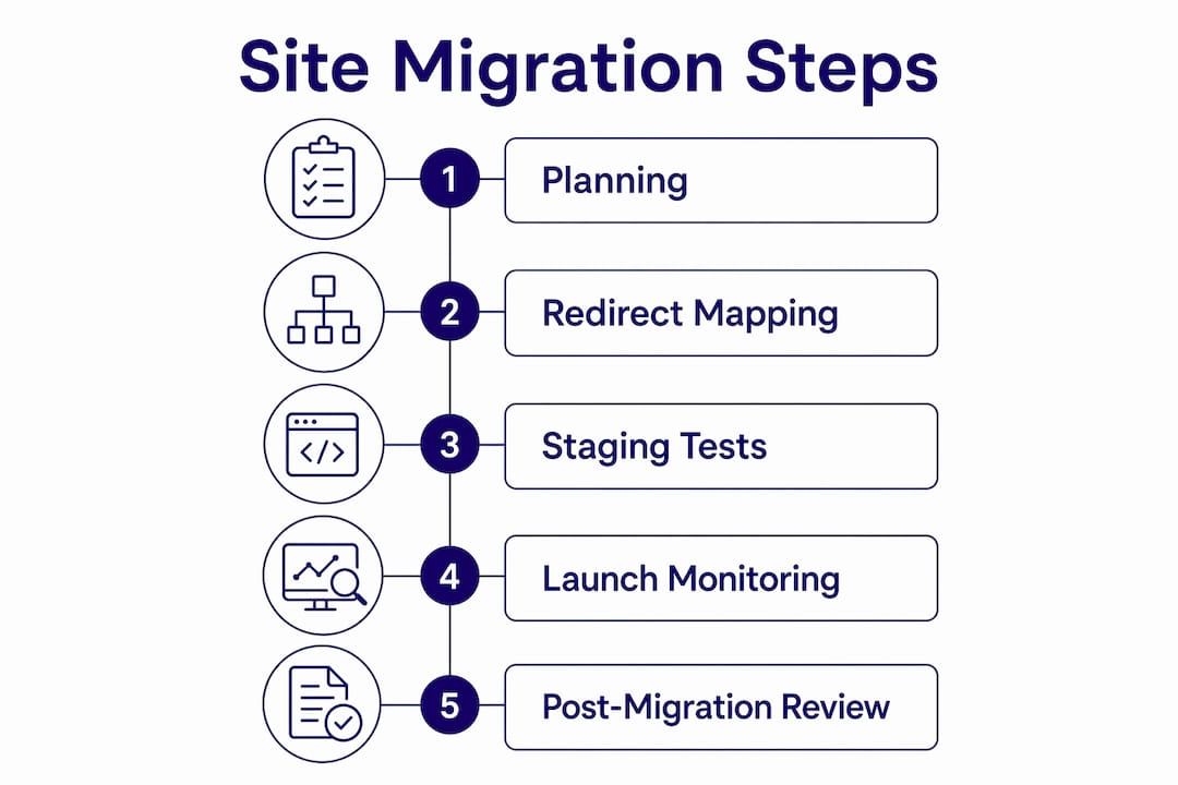 Infographic illustrating site migration process steps