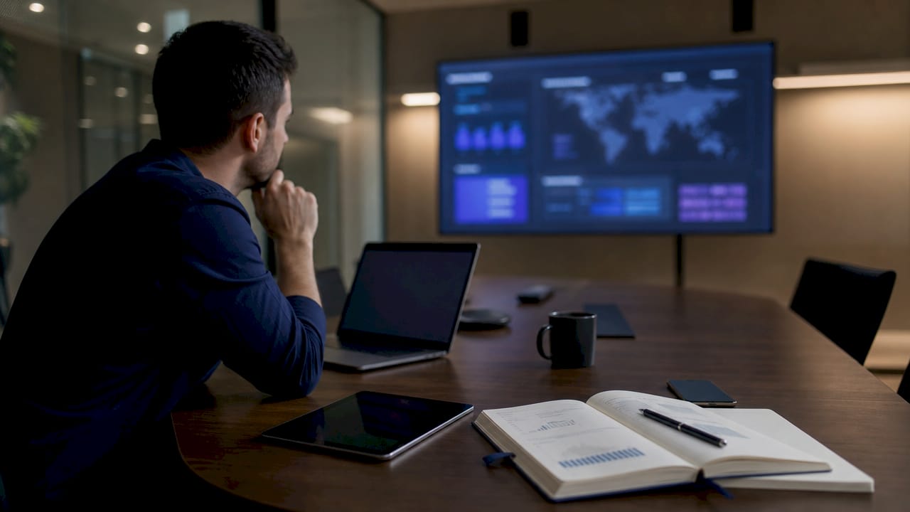 Stock management dashboard in digital agency meeting room
