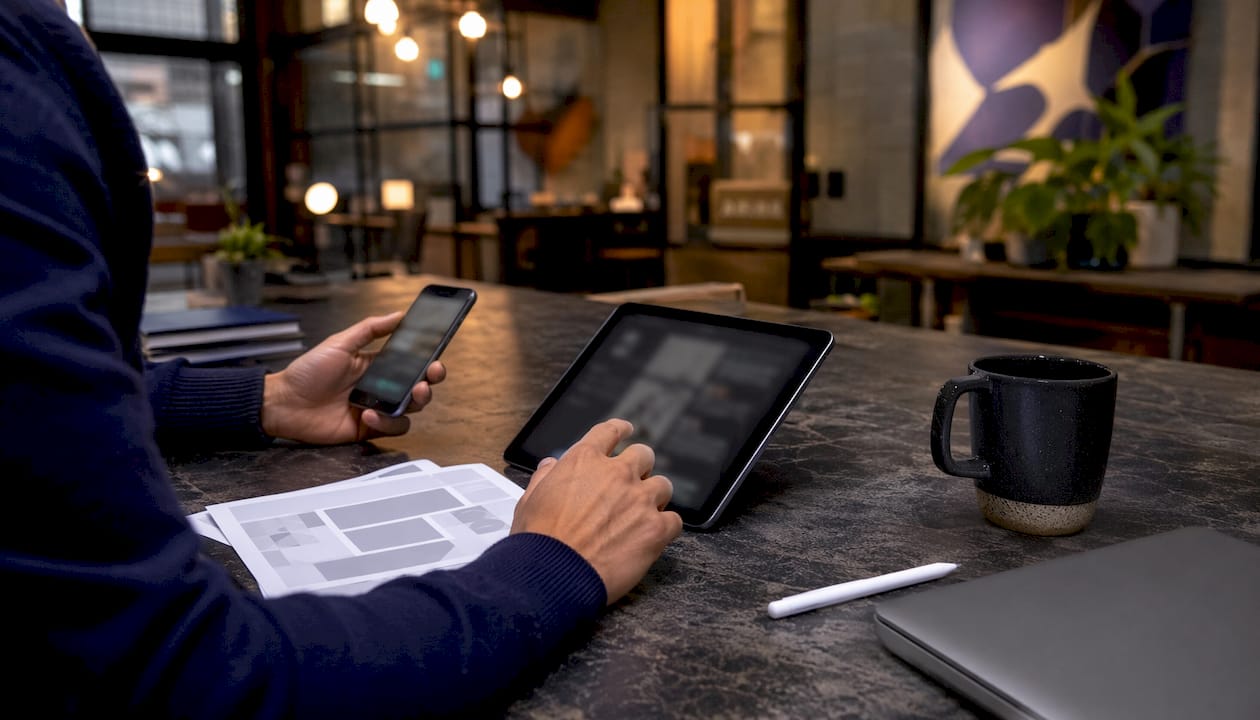 Hands using smartphone and tablet for role management