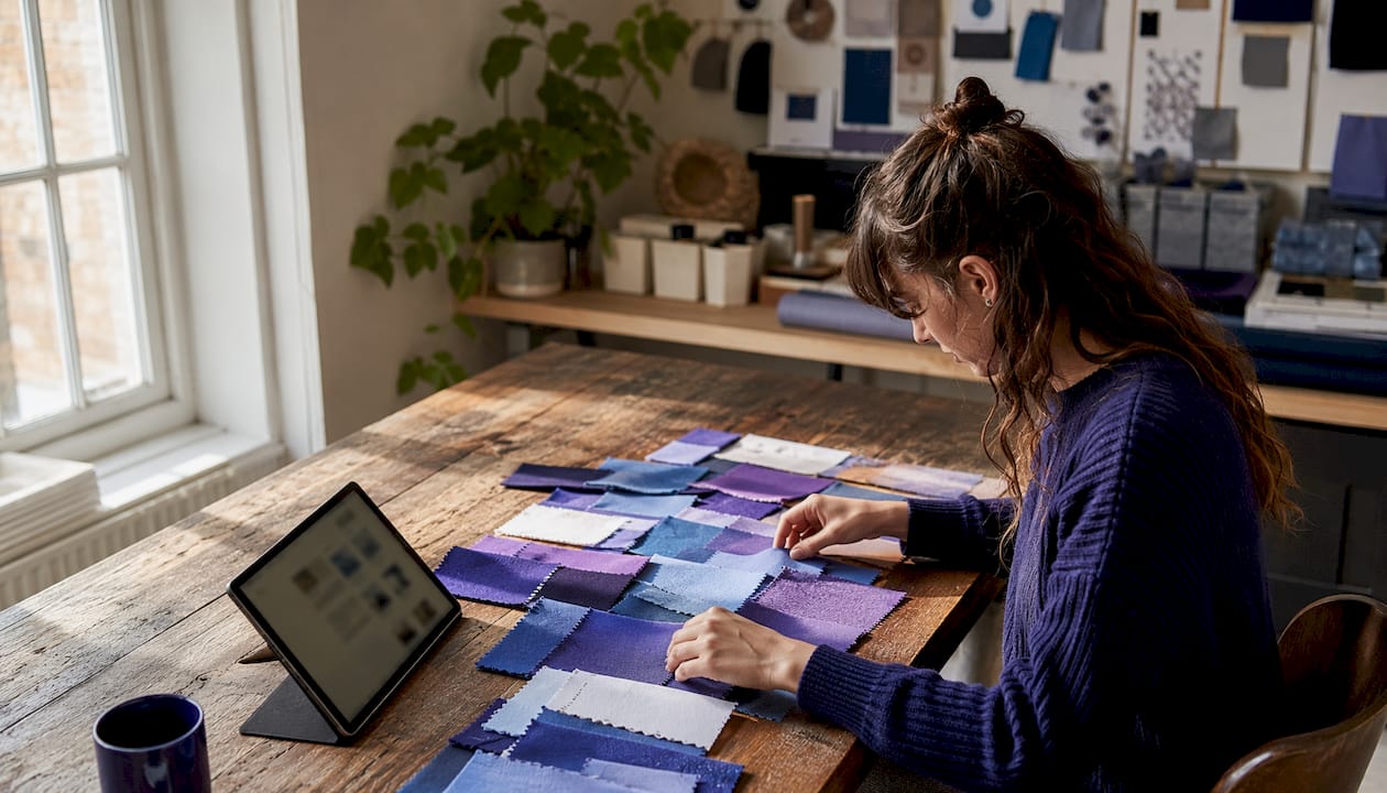Hands selecting color swatches next to tablet