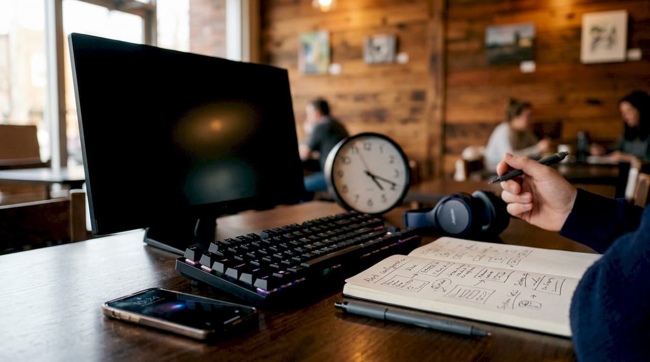 Desk setup with monitor, headset, and notes for alert configuration