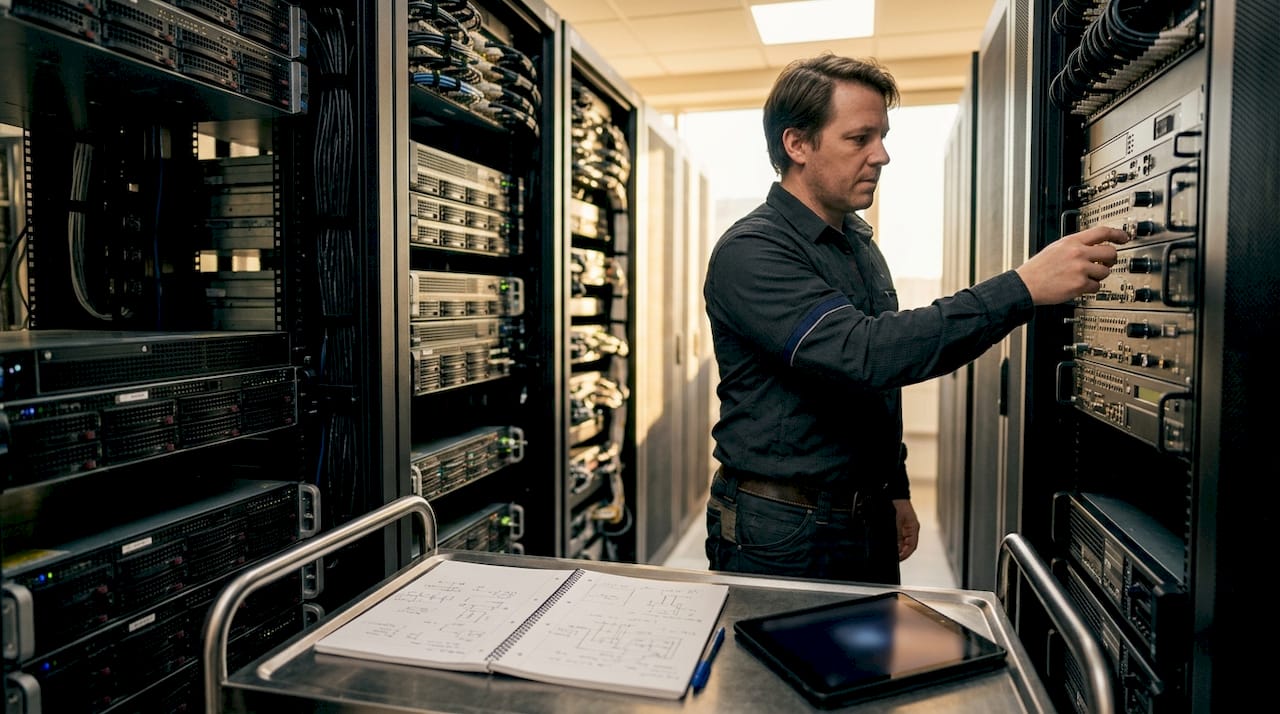 Hands configuring server rack hardware in data center
