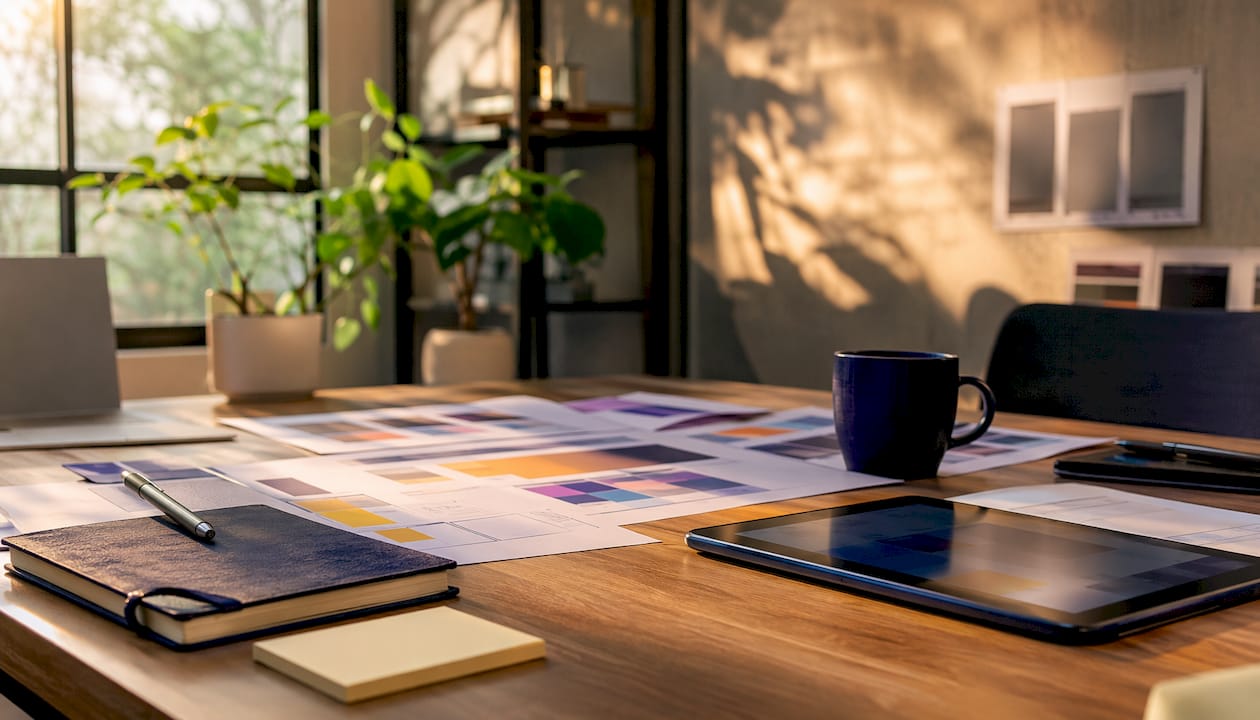 Overhead view of workspace with WordPress plugin research materials