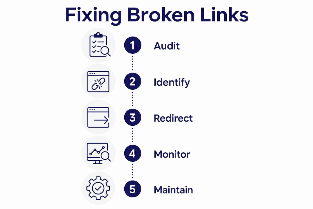 Vertical flow infographic illustrating steps to fix broken links