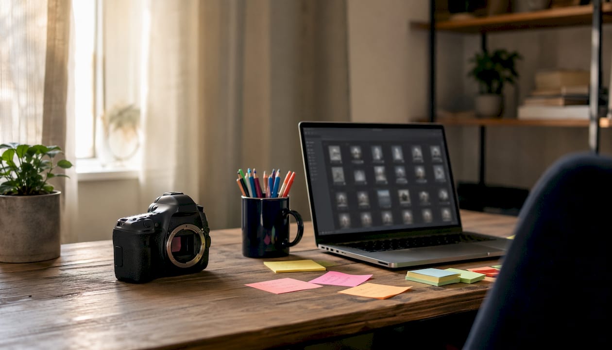 Flat lay of image compression tools and files
