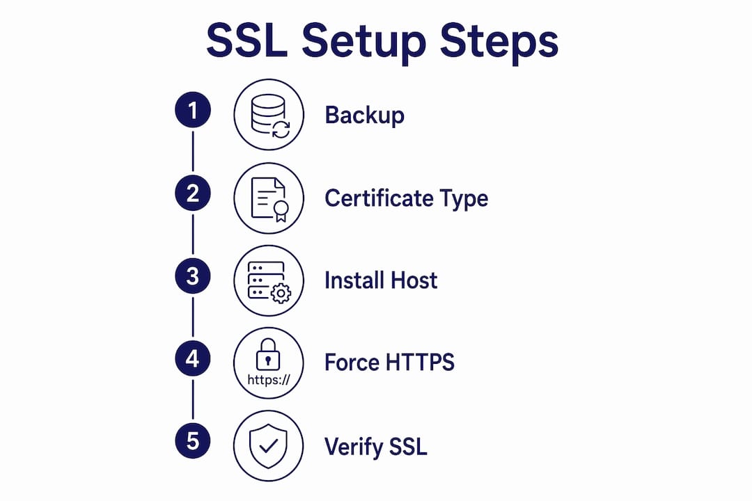 Vertical flow infographic of SSL setup steps