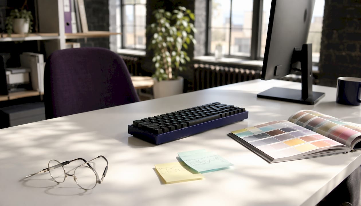 Close-up keyboard with focus indicators and UI accessories