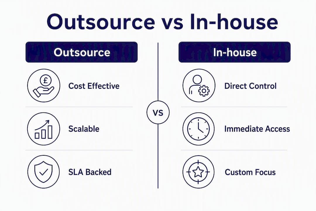 Infographic comparing outsourcing vs in-house WordPress support