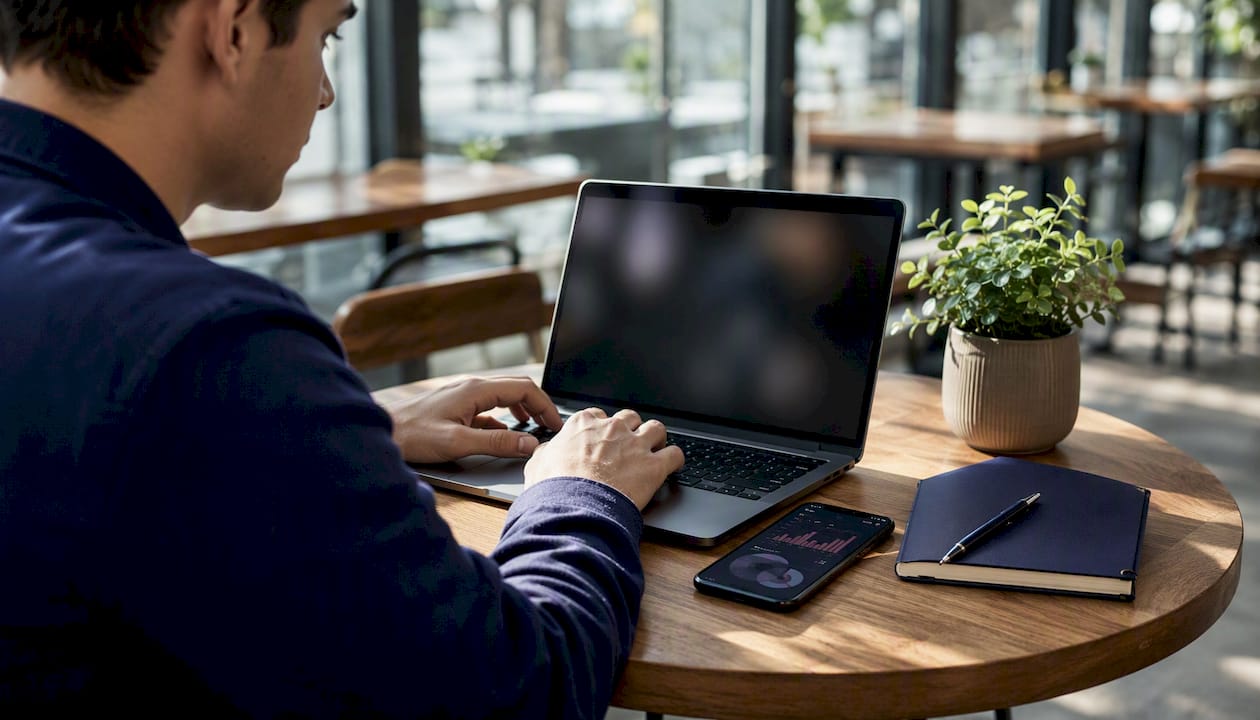 Close-up of hands typing on laptop with SEO tools