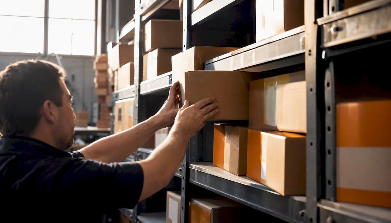 Hands placing boxes on warehouse shelves