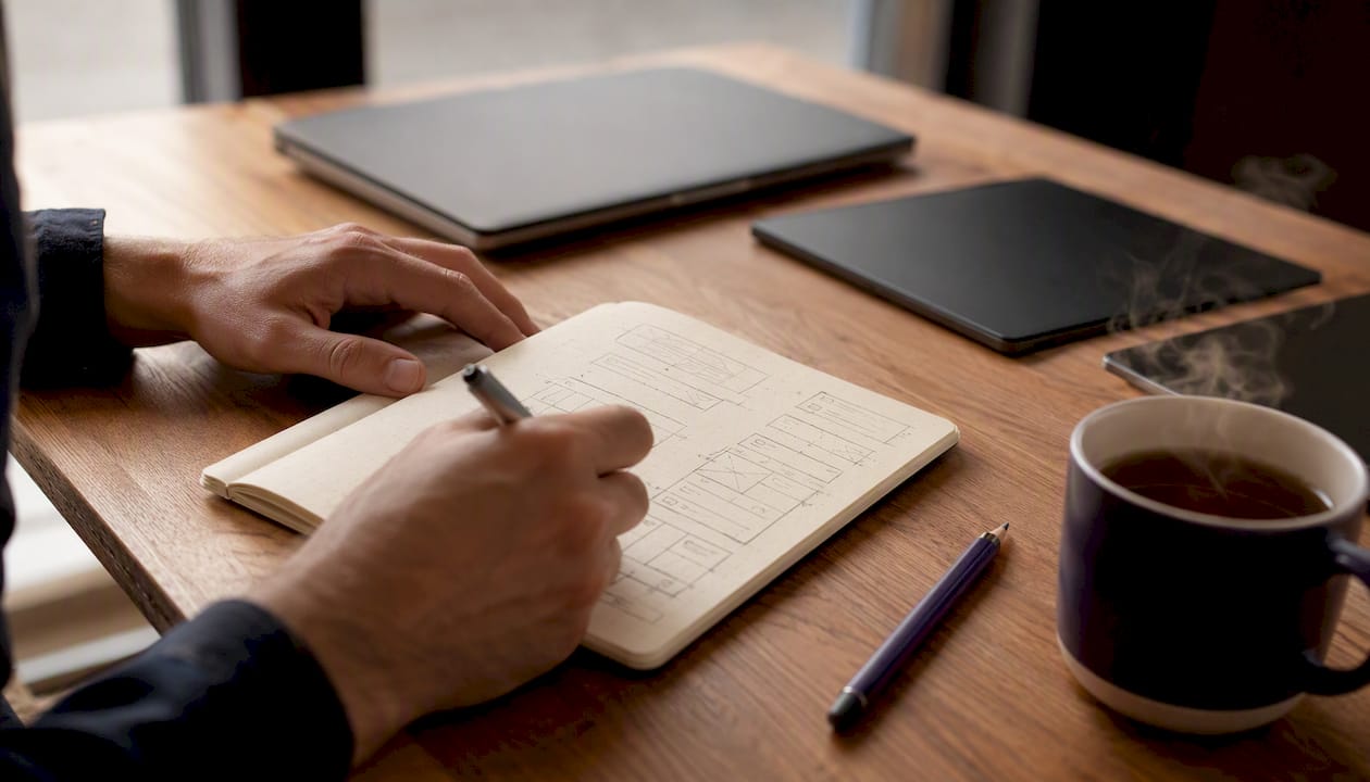 Developer hands sketching flexible web layouts