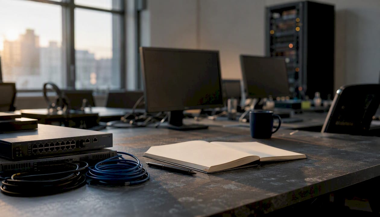 Agency workspace with network hardware and blank notebook